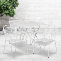 Flash Furniture CO-28SQF-03CHR4-WH-GG 28" Square Steel Folding Patio Table Set with 4 Round Back Chairs in White